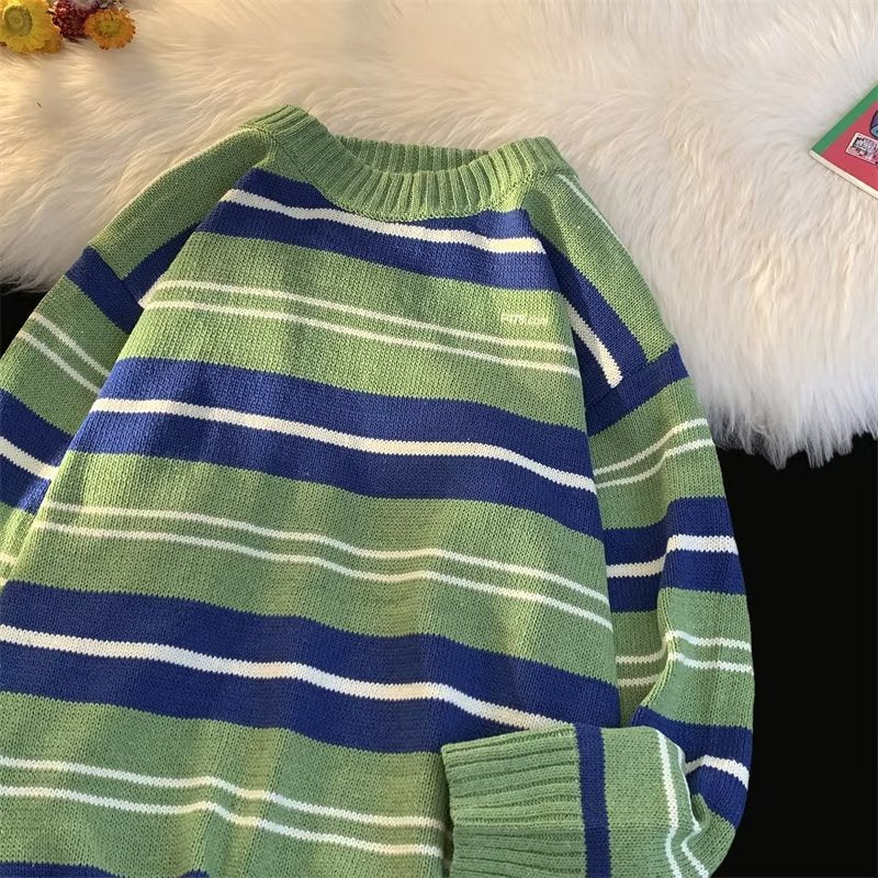 Simple Japanese Trendy Sweater Pullover Spring Long Sleeve Round Neck Men's Striped 2023 New Elegant Casual Sweater