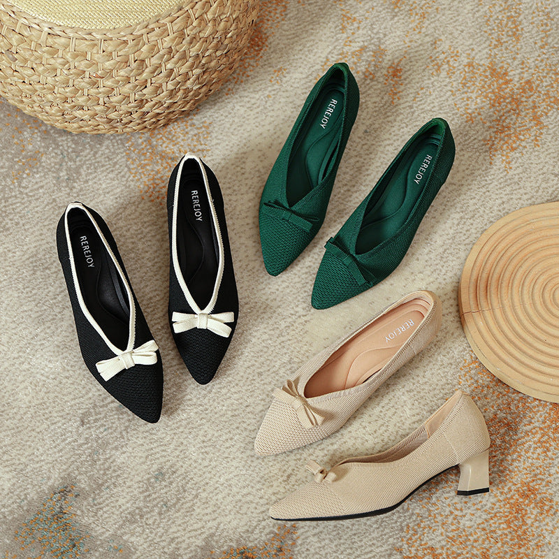 girls Fairy High Heels 2024 Spring and Autumn New Korean Style All-match Chunky Heel High Heel Commuter Women's Shoes Knitted Shoes Single-layer Shoes for Women