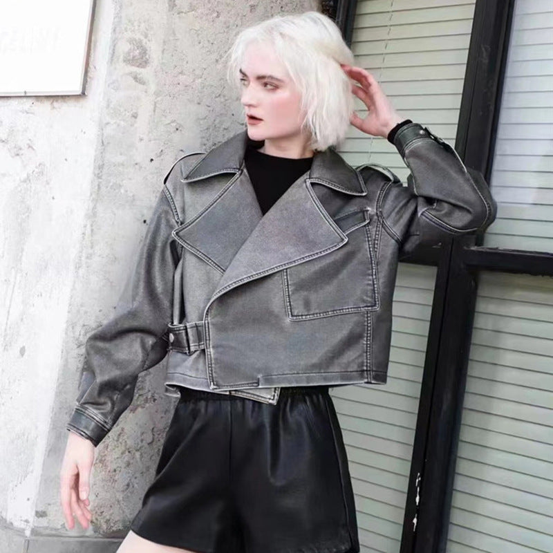 Vintage Leather Jacket Women's Short Korean Loose Motorcycle Leather Jacket New Fashion Hong Kong Style Old Puleather Jacket