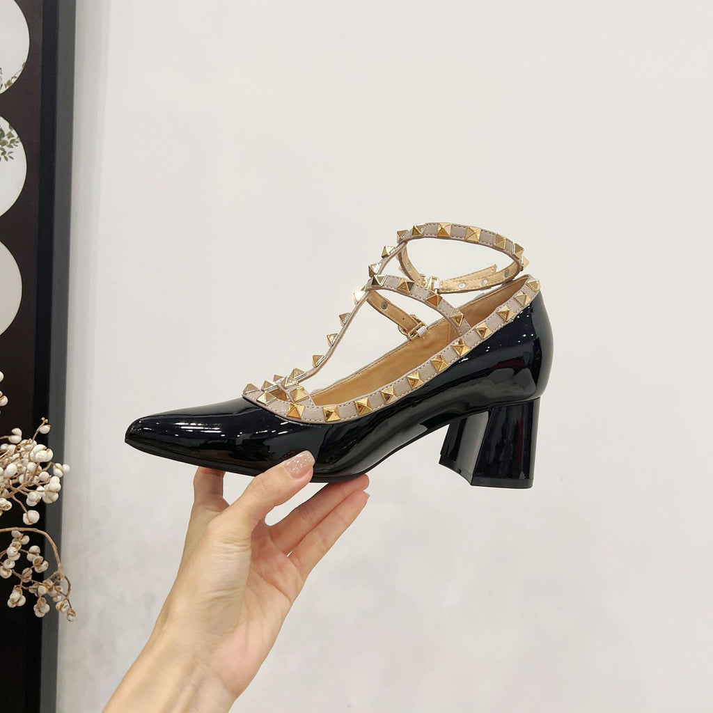 Increased 8cm Patent Leather Rivet Pointed High Heels Women's 2025 Spring New Sexy Foot Ring Buckle with Chunky Heel Single-layer Shoes