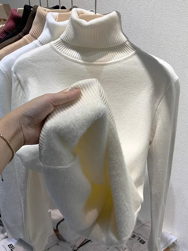 Thickened Fleece-Lined Thermal Sweater for Women, Autumn and Winter Ribbed High-Neck Long-Sleeve Knit Base Shirt