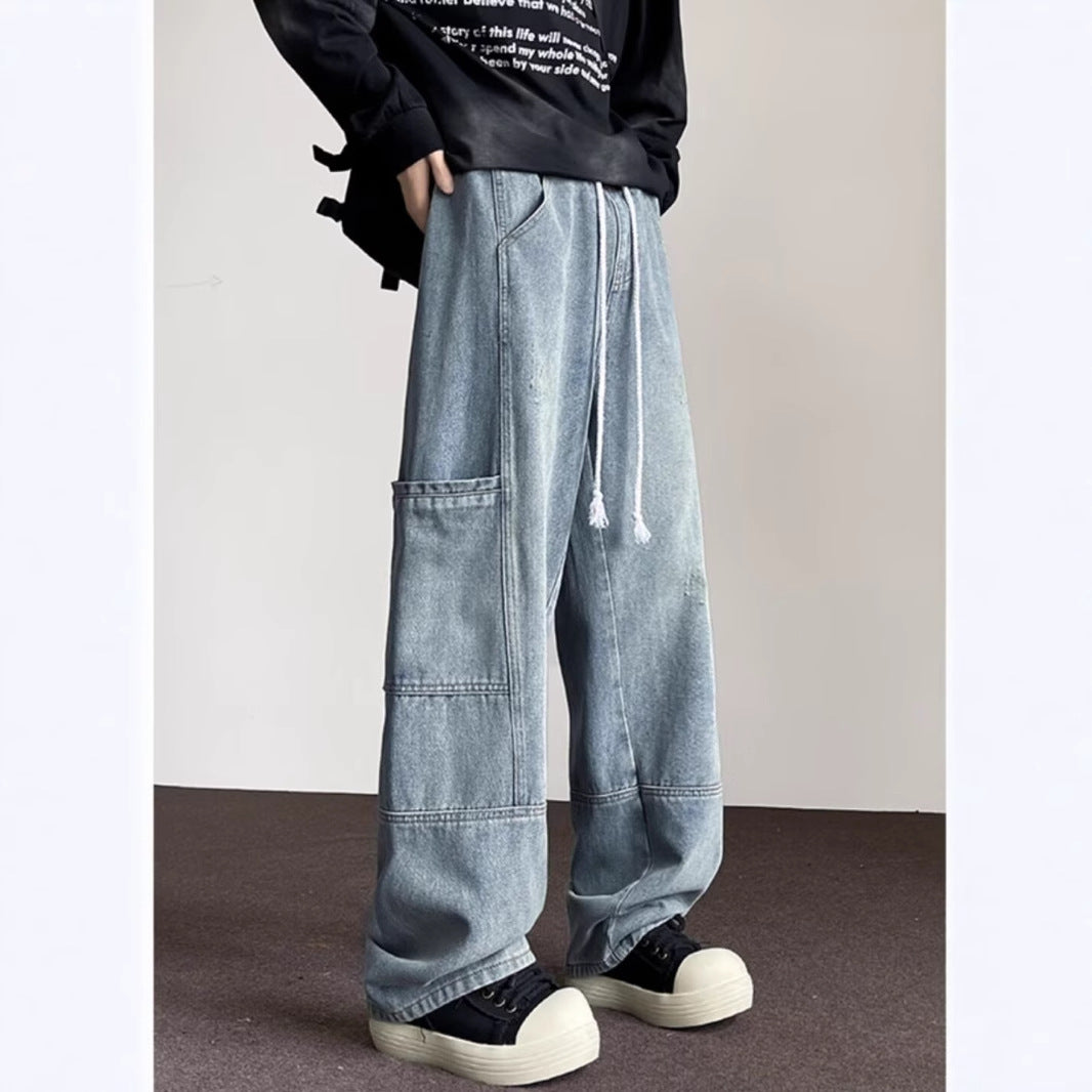 Workwear Jeans Male Teenagers Spring and Autumn Big Pocket Junior Senior high school Students American Casual Elasto Waist Long Pants