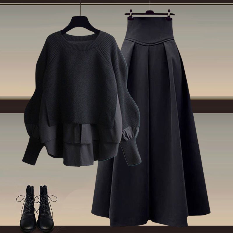 Autumn suit Women's New plus size Women's Fashion Fake Two-piece Top Elegant Slim Skirt Two-piece Set