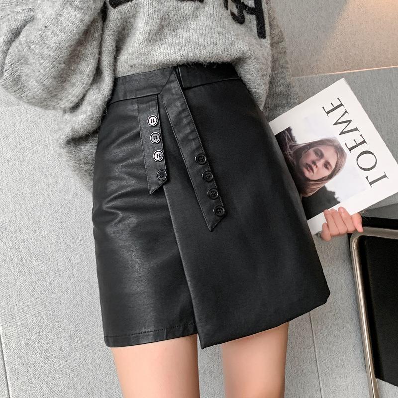 Women's Leather Skirt 2026 Autumn and Winter New Style Irregular High-Waisted Slimming Pu Leather Skirt Versatile with Built-In Shorts
