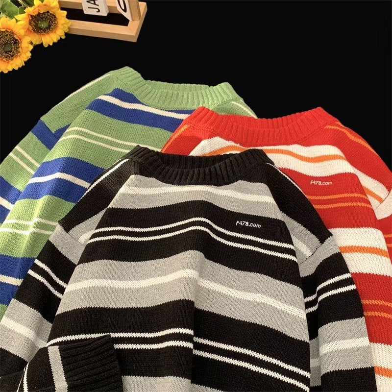 Simple Japanese Trendy Sweater Pullover Spring Long Sleeve Round Neck Men's Striped 2023 New Elegant Casual Sweater