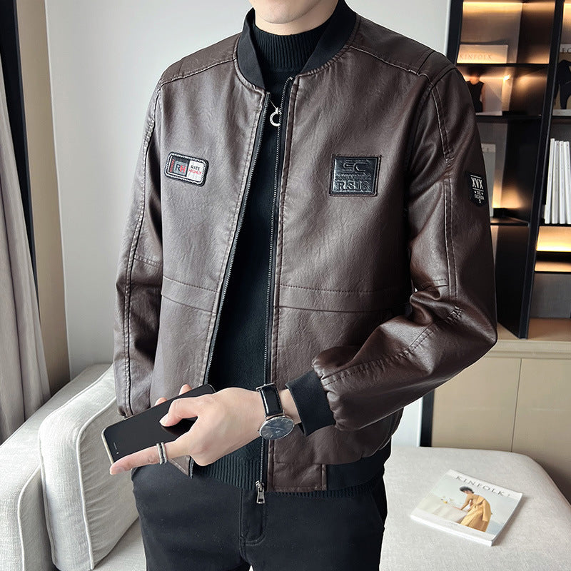 Men's Leather Jacket New Men's Handsome Leather Jacket Slim Trendy Korean Style Baseball Collar Jacket Men's Motorcycle Clothing Top