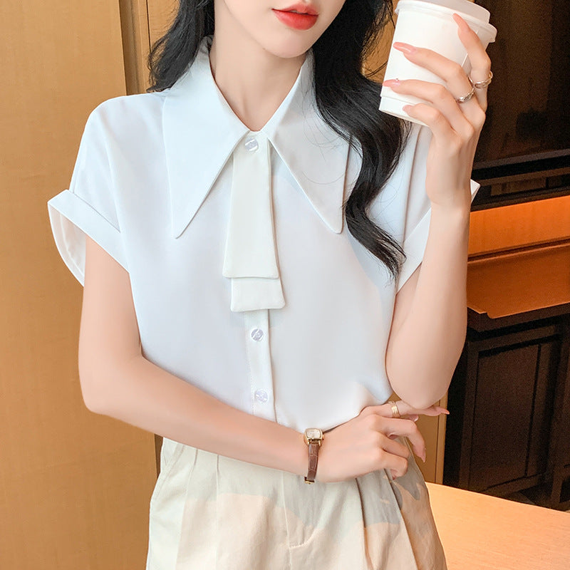 Women's Summer New Design Ol Ribbon Top Romantic Blouse High-End Stylish Short-Sleeved Professional Shirt for Women