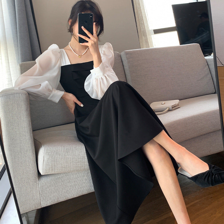 Long-sleeved Black Fried Street Hao Benfeng dress Women's New Spring and Autumn Stitching Square Collar French Skirt Vintage A- line Skirt