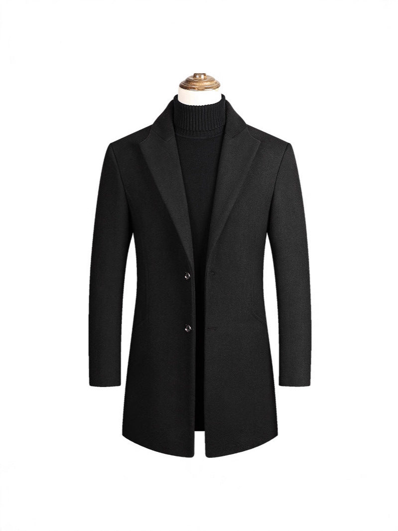 2025 Autumn and Winter Men's Mid-Length Pure Color Woolen Windbreaker European and American Casual Large Size Woolen Jacket Fashionable Men's Clothing