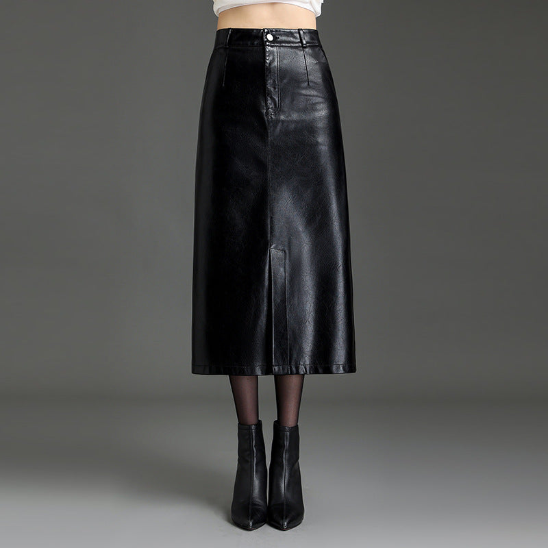 2025 New Slit Leather Skirt, Hip-Hugging Skirt for Women, Autumn and Winter High-Waisted Slimming Midi Skirt, Elegant Pencil Skirt
