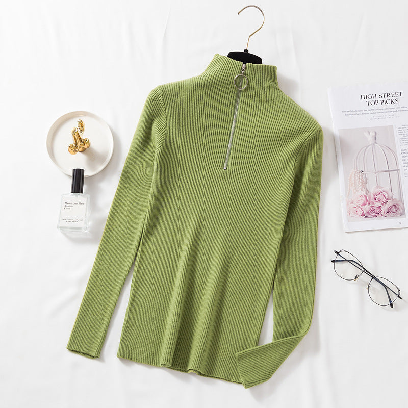Spring sweater women's semi-high collar ring zipper slim outer wear long sleeve middle collar base sweater sweater top wholesale