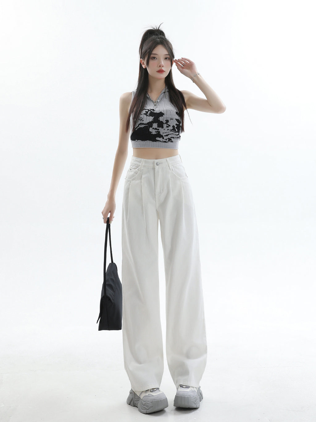 Spring 2025 New White Pleated Design Wide-leg Jeans Women's Loose Slimming All-match Simple Drape Straight