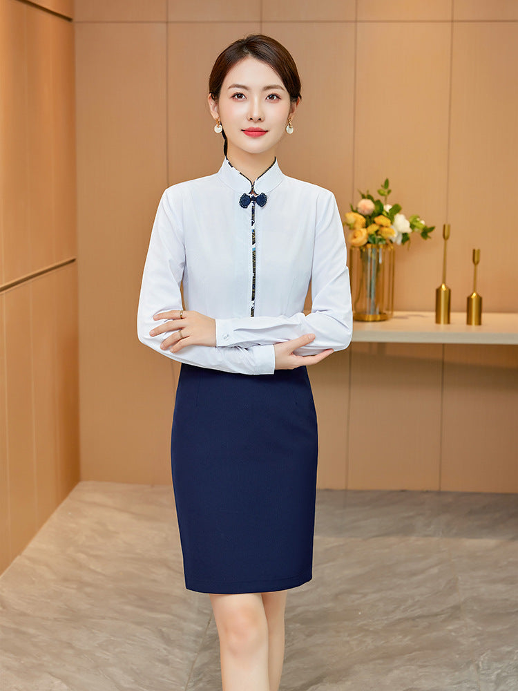 White Shirt Women's Vertical Collar Slim-fit Slimming Top with Buckle Korean Style Elegant Hotel Front Desk Attendant Professional Shirt