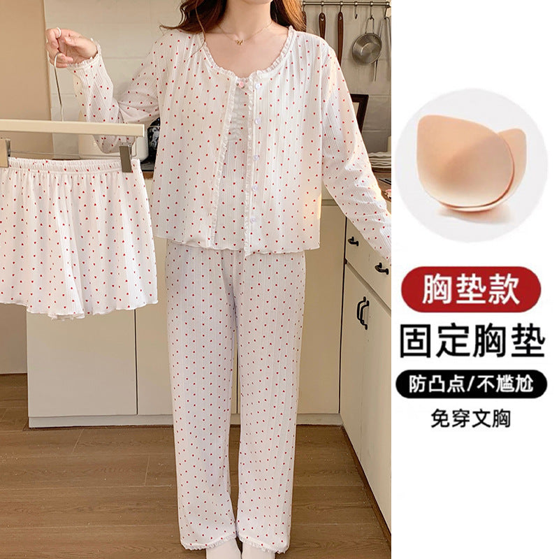 Autumn and Winter New Style Pajamas with Chest Pad Female Princess Style Sexy Knitted Cotton Four-piece Home Clothes for Four Seasons