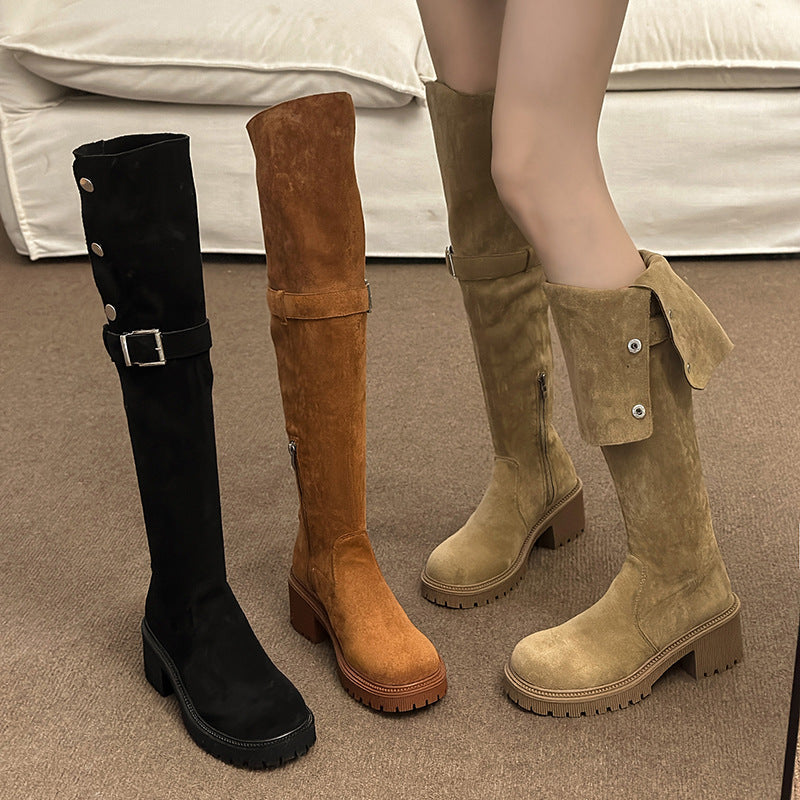 Foldable Over-The-Knee Stretch Boots for Women, New Korean Style Suede Fashionable Elegant Riding Boots with Thick Heels, Fashion Boots Wholesale