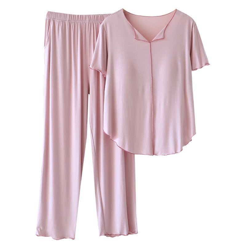 Ruffled Pajamas for Women Summer Thin Modal Short-Sleeved Pants Casual with Chest Pads Can Be Worn Outside Home Clothes Set