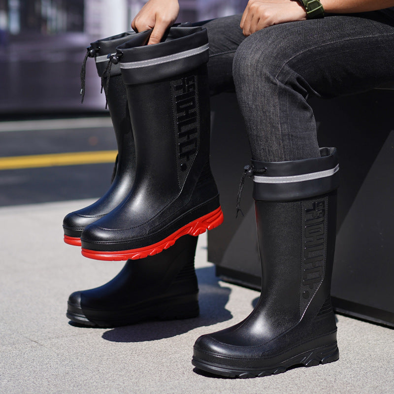 Korean Men's Mid-Calf Rain Boots, Trendy Rainy Day Rain Boots, Waterproof, Non-Slip, Wear-Resistant, Thick-Soled Men's Rubber Shoes, Water Shoes Wholesale