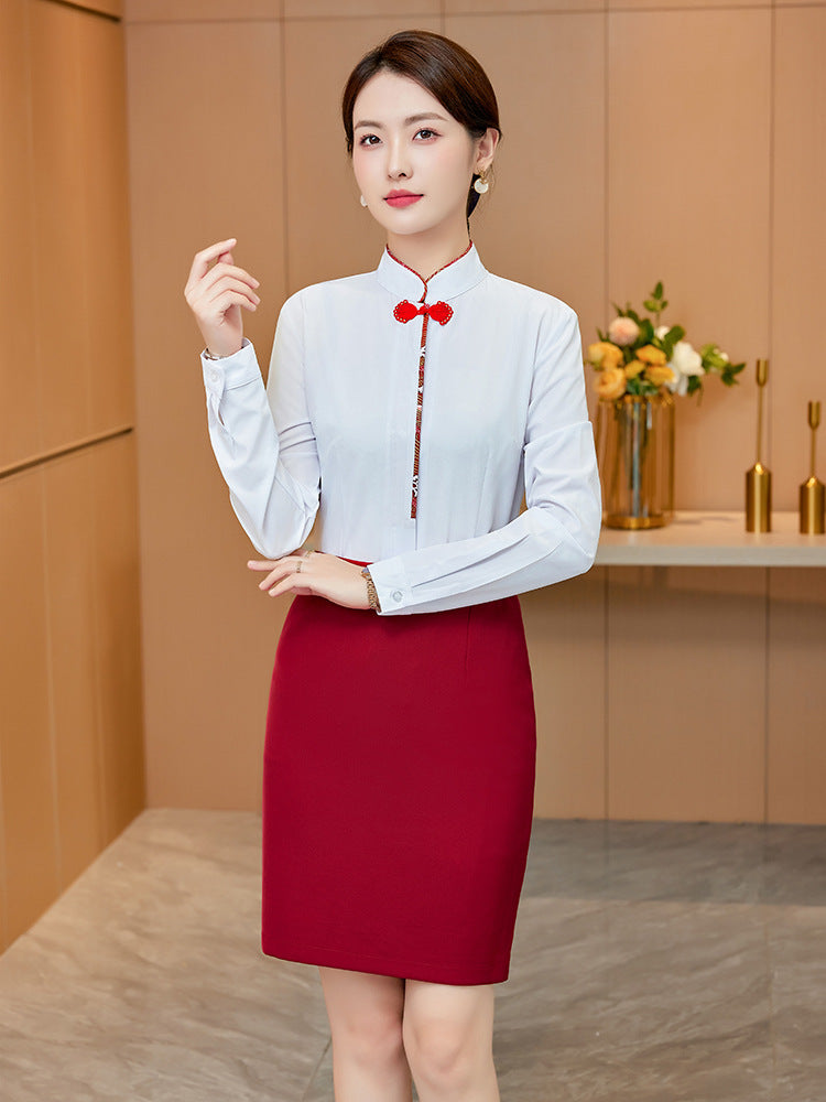 White Shirt Women's Vertical Collar Slim-fit Slimming Top with Buckle Korean Style Elegant Hotel Front Desk Attendant Professional Shirt