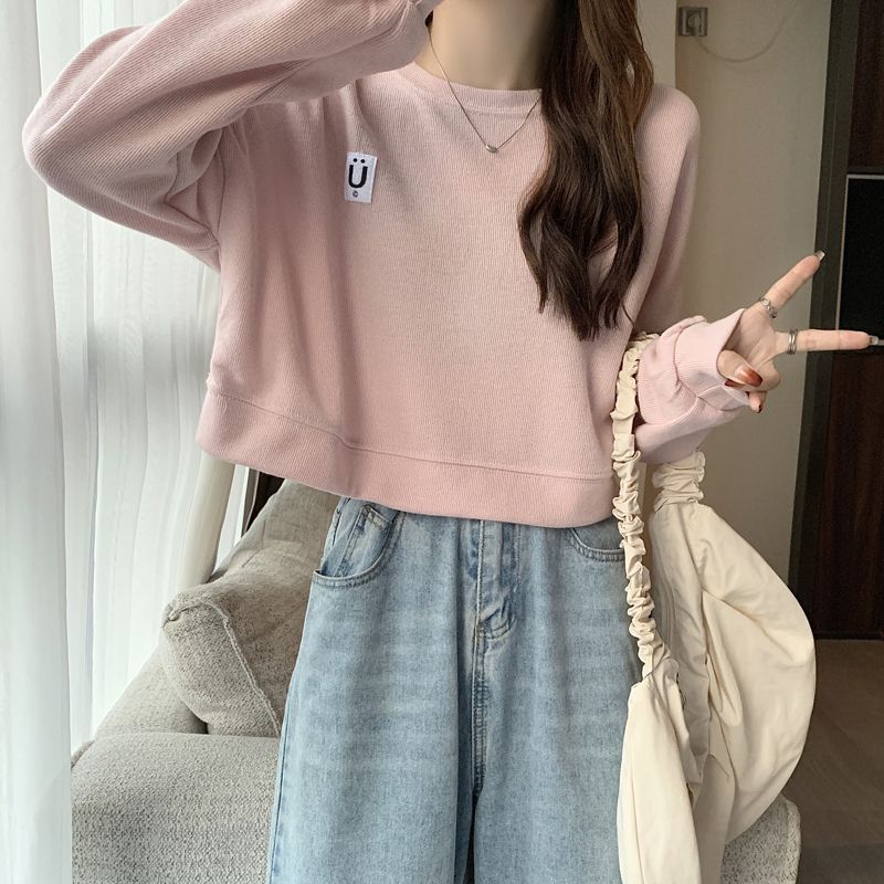 Short Sweatshirt for Women, Spring and Autumn Thin Style, 2025 New Korean Version, Loose Fit, Versatile for Students, Hong Kong Style Chic, Hoodless Top