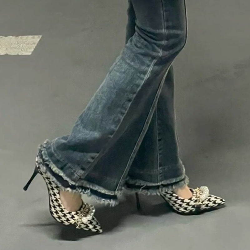 Supply Houndstooth Pearl High Heels Pointed Toe Shallow Mouth High Heel Shoes girls Style Houndstooth Pearl High Heels Women