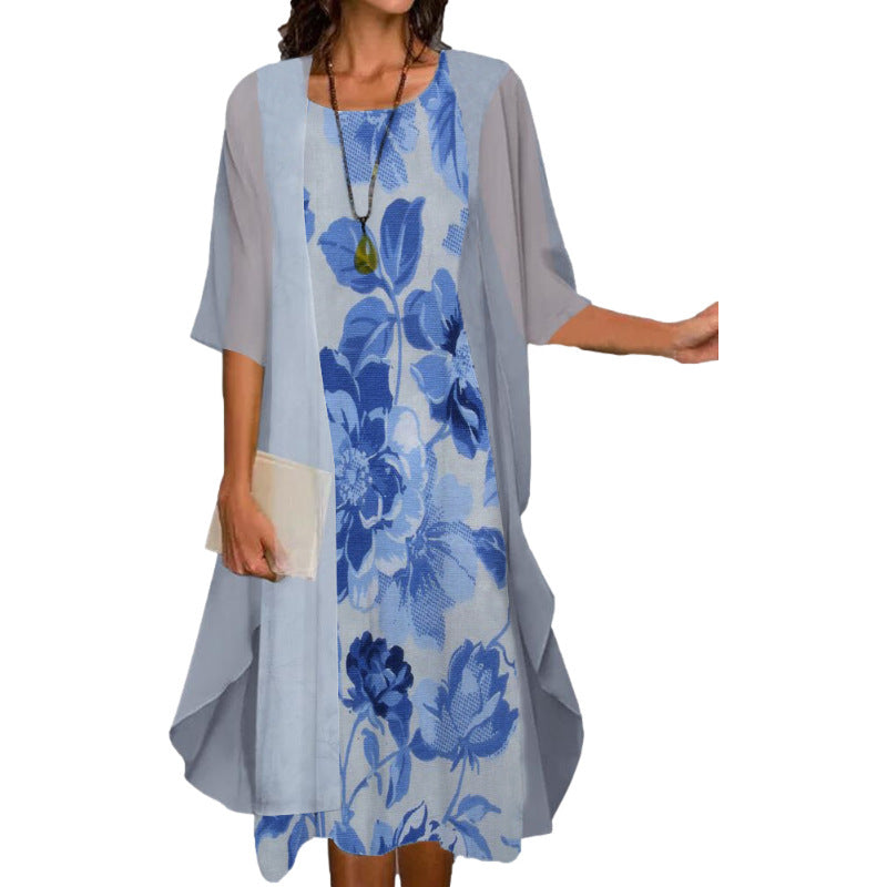 European and American Amazon Summer Women's Casual dress Two-Piece Flower-Print Round Neck Slim-Fit Dress Women