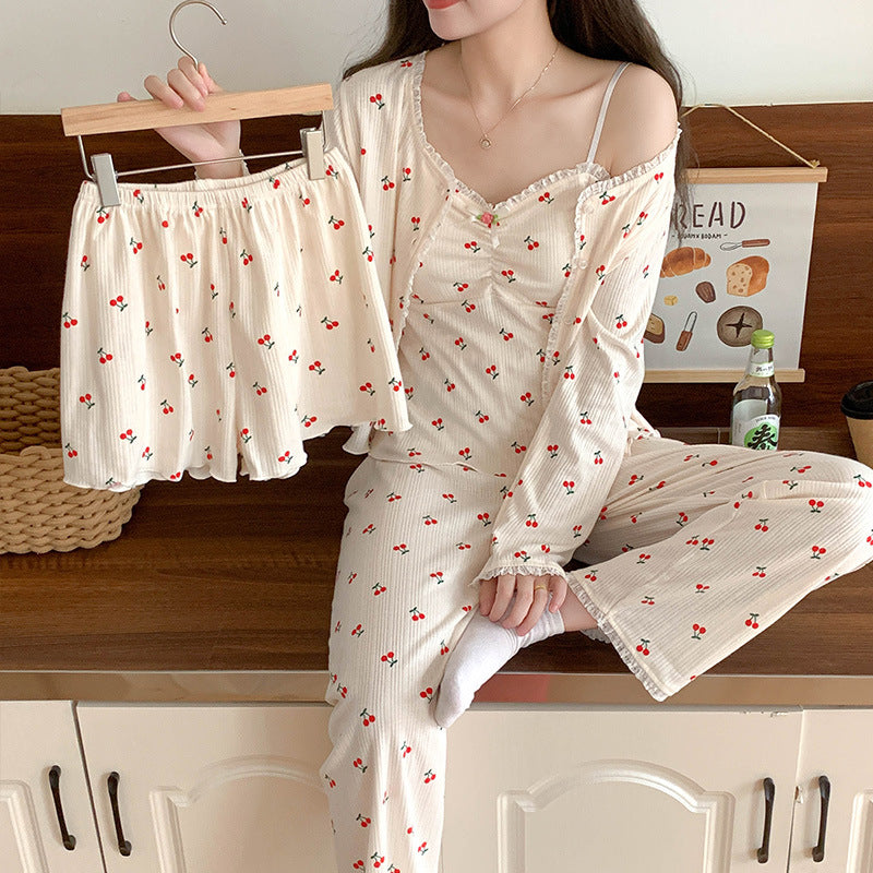 Autumn and Winter New Style Pajamas with Chest Pad Female Princess Style Sexy Knitted Cotton Four-piece Home Clothes for Four Seasons