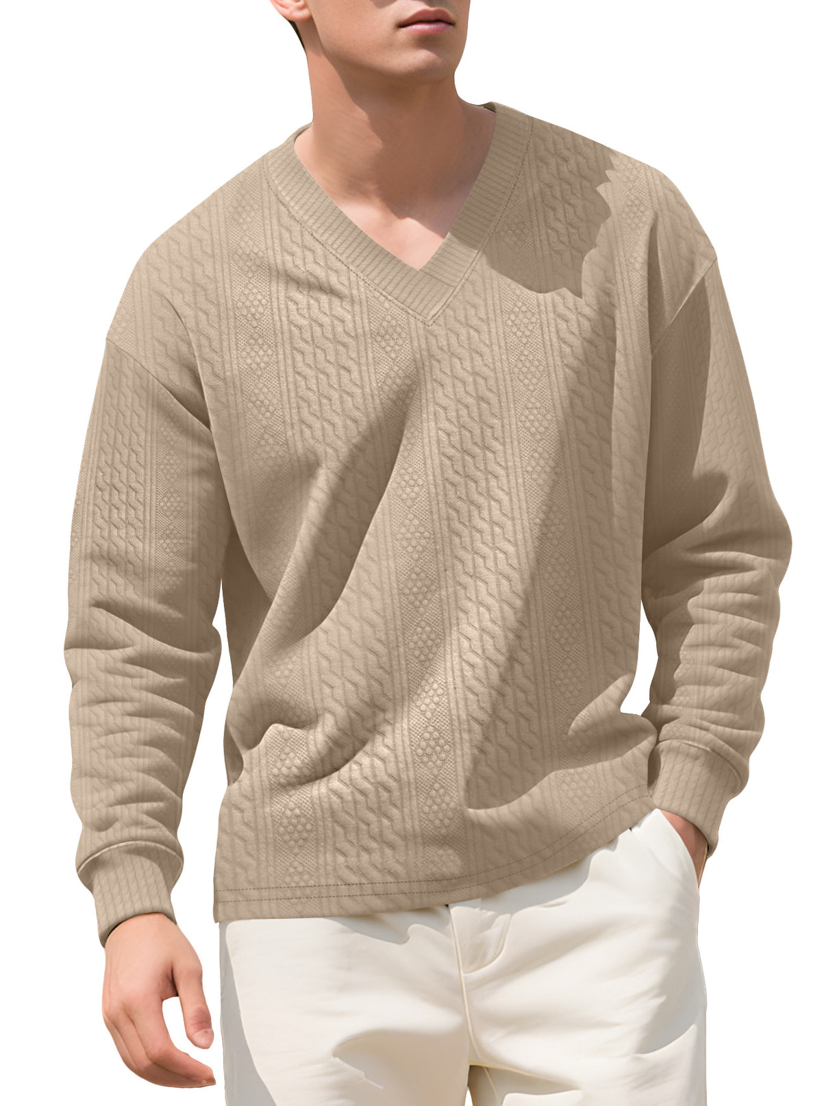 Amazon Cross-Border European and American Spring and Autumn Men's Jacquard Solid Color Base Shirt Loose Casual V-Neck Long-Sleeve Knit Sweater for Men