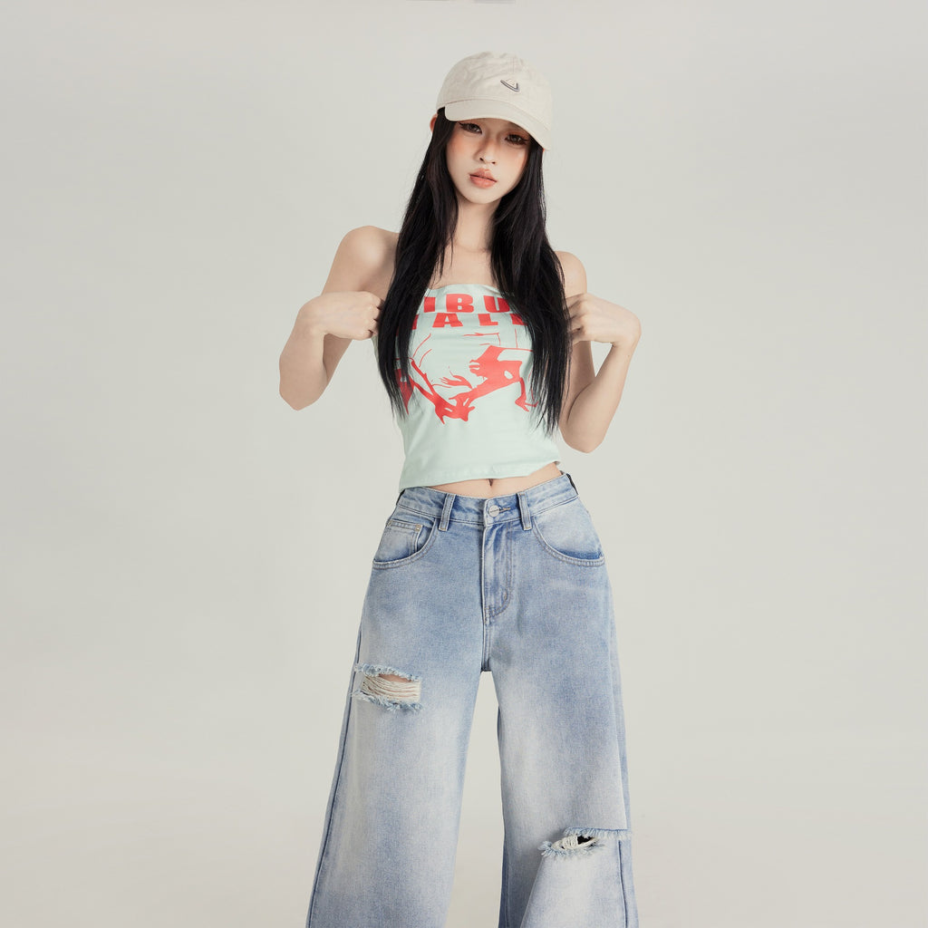 High Street Personality Light-Colored Ripped Jeans for Women, New Spring and Summer Loose Slimming Drapey Distressed Straight Wide-Leg Pants