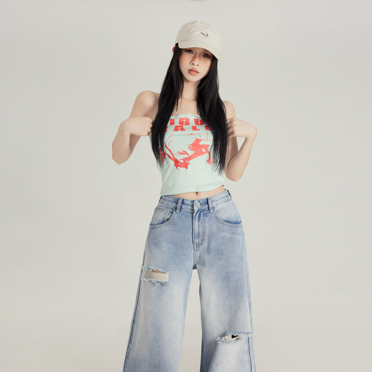 High Street Personality Light-Colored Ripped Jeans for Women, New Spring and Summer Loose Slimming Drapey Distressed Straight Wide-Leg Pants