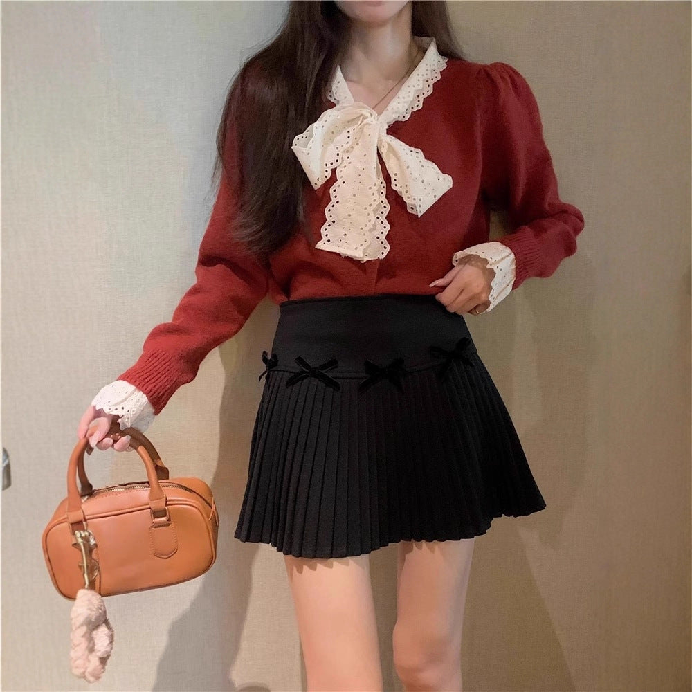 White Skirt, Bow Skirt, Black Pleated Skirt, Women's Early Autumn High-Waisted Slimming Look A-Line Skirt, Woolen Skirt