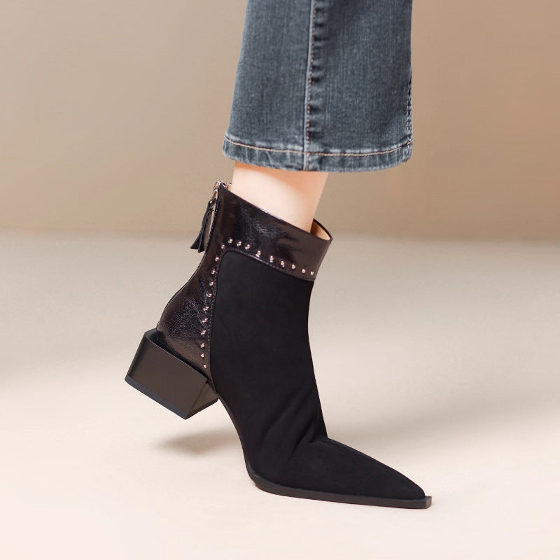 French High-End Medium Thick Heel Short Boots for Women 2025 Winter Rear Zipper Rivet Fashion Boots Slim Boots Elegant Elastic Boots