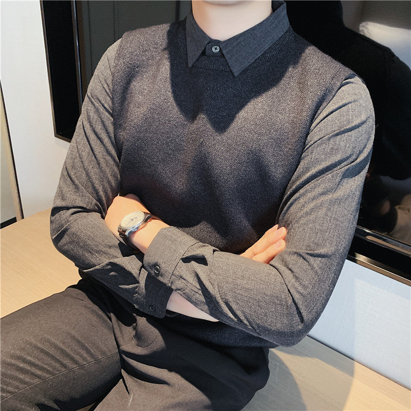 Wholesale In-Stock Men's Textured Two-Piece Knit Sweater, Slim Fit, Light Business Style, Mature Men's Professional Wear, Shirt Collar Sweater