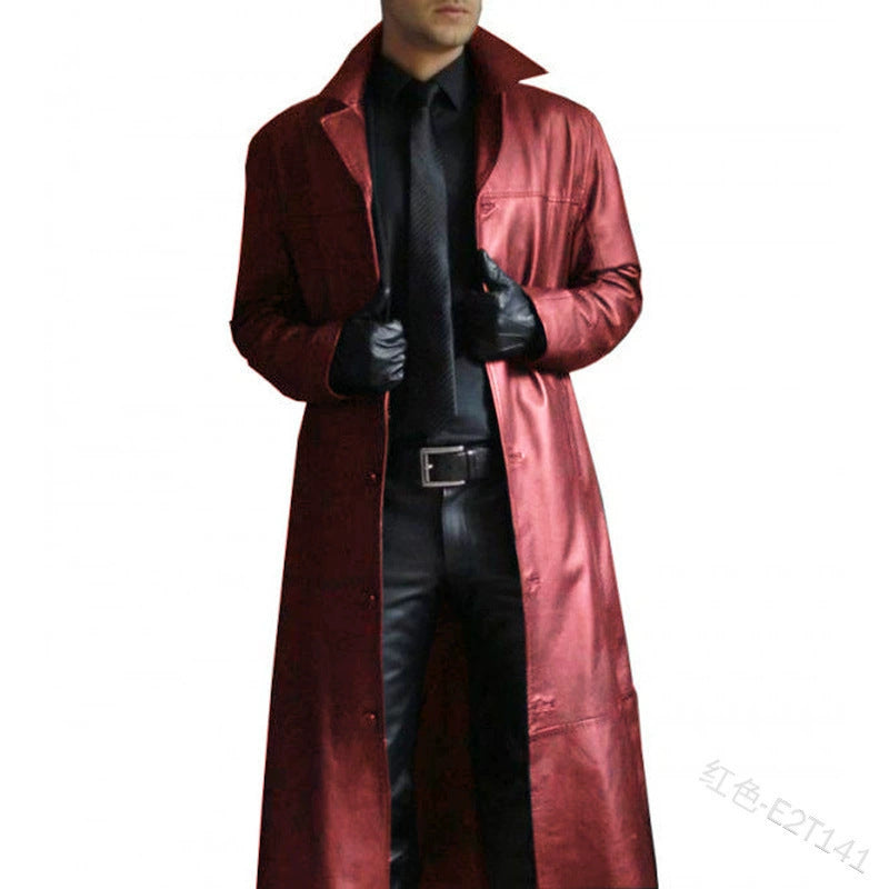 American Casual Western Cowboy Long Leather Windbreaker Men's Slim Lapel Pu Leather Jacket Cos Clothing Leather Outwear
