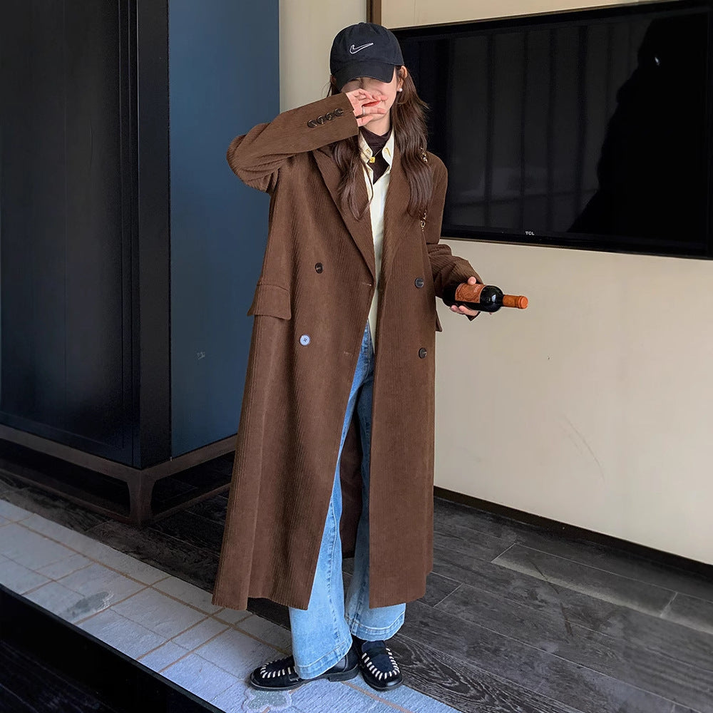 Women's Vintage caramel Corduroy Long Suit Over-the-knee Coat Women's Spring and Autumn Quilted Design Niche Jacket