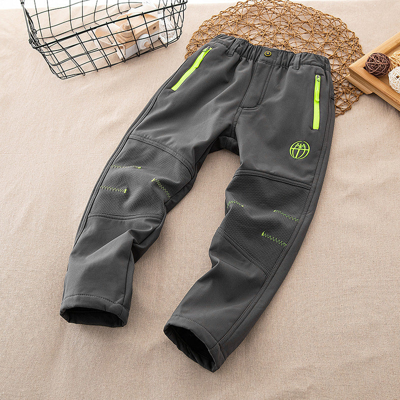 Cross-border Children Autumn and Winter Outdoor Soft Shell Rush Pants Mountaineering Jogging Pants Windproof fleece-lined Warm Pants for Boys and Girls