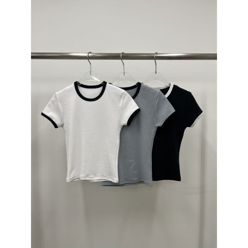 Women's Clothing Slim Round Neck Pullover Slim Fit Hemming Slim Short-Sleeved T-Shirt for Women