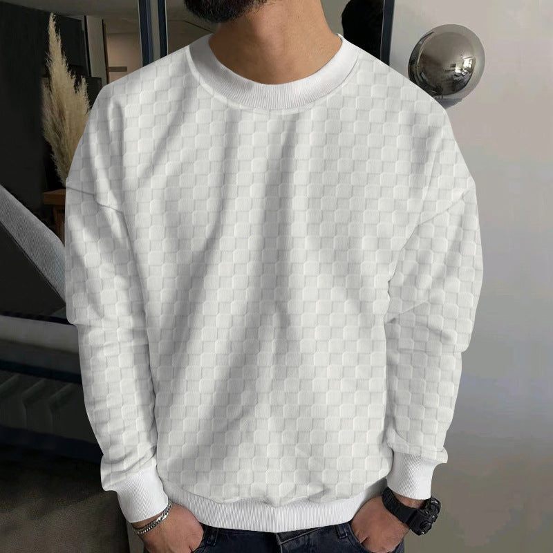 Cross-Border Men's Autumn and Winter Heavy Jacquard Checkerboard European and American Round Neck Casual Bottoming Shirt Men's Knitted Long-Sleeved Sweatshirt Men