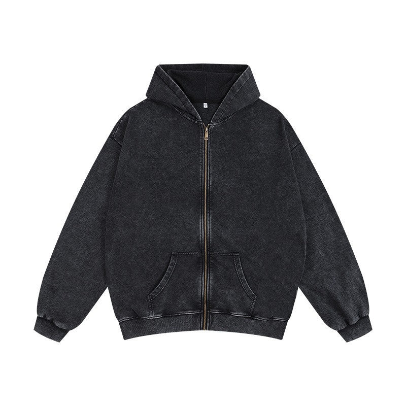 350g Distressed Zipper Hoodie for Men, Oversized Drop Shoulder Vintage Washed Heavy Terry Cardigan Jacket, Heavyweight Men's Clothing