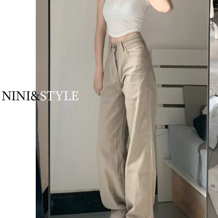 Khaki Jeans for Women Spring & Fall New Style High-Waisted Slim Fashion Versatile Straight-Leg Loose Floor-Length Wide-Leg Long Pants