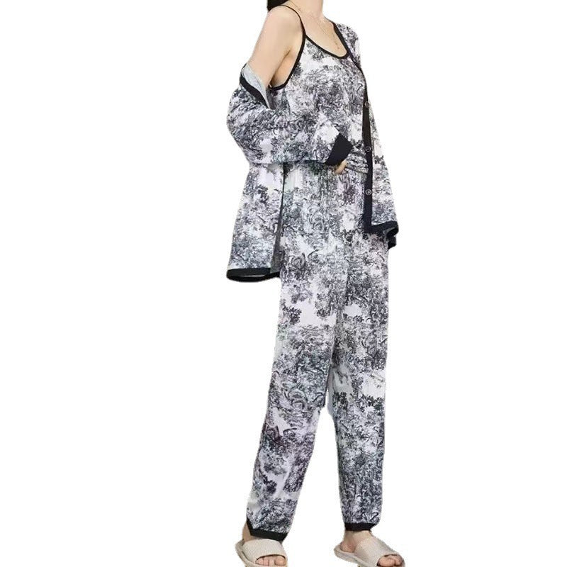 National fashion style ink painting four-piece pajamas women's fashion wholesale summer loose comfortable printing ladies home clothing sets