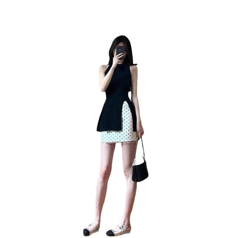 suit Women's Summer New Korean Style Design Sense Black Elegant Split Top High Waist Wave Dot Trendy Skirt