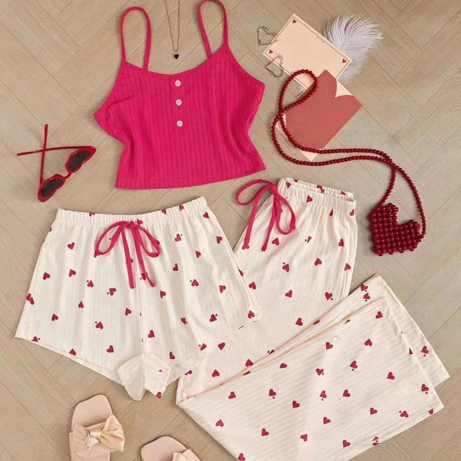 European and American New Style Love-Printed Spring and Summer Sweet and Cute Pajamas, Casual Women's Home Wear Set, Three-Piece Set