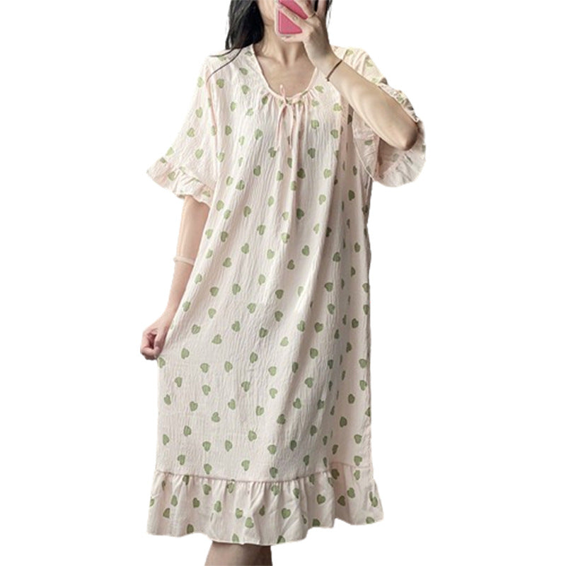 Pajamas women's close-fitting cloud cotton comfortable long short sleeve printed simple casual dress nightgown manufacturers wholesale
