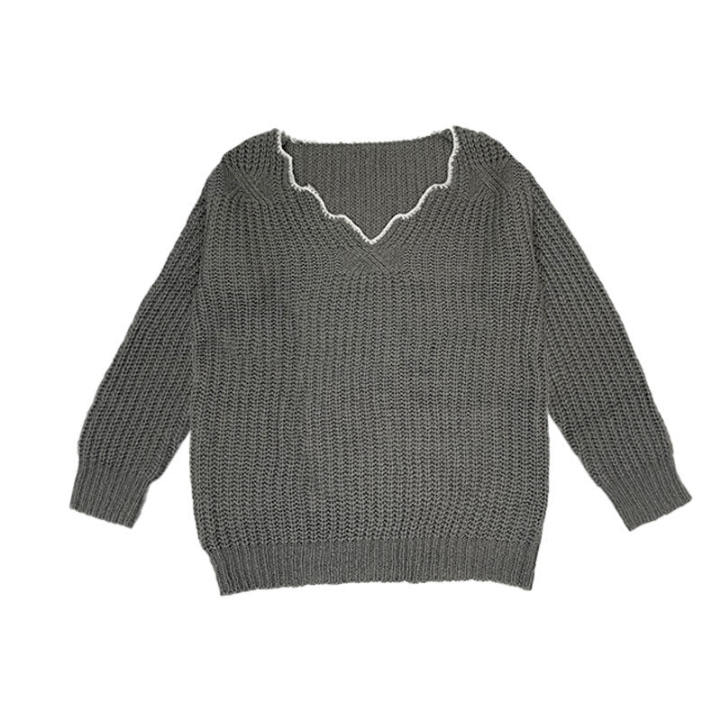 Autumn and Winter New Lace V-neck Knitted Sweater Casual Pullover All-match Solid Color Loose Version Shoulder Sleeve Sweater Top for Women