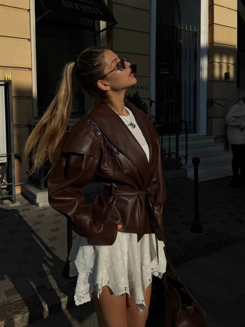 Cross-Border Aliexpress European and American Style Hot Style 2024 New Women's Clothing 4-Color Motorcycle Style Pure Color Strappy Waist Leather Jacket