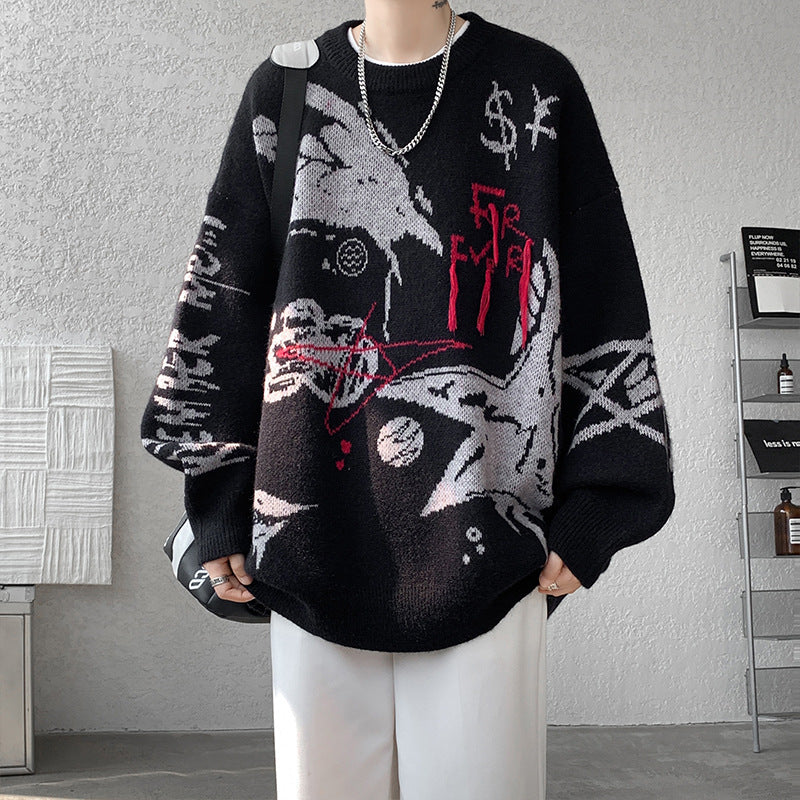 2025 New Autumn and Winter Men's Sweaters American Trendy Brand Letter Jacquard Round Neck Sweaters Fashionable Niche Loose Sweaters