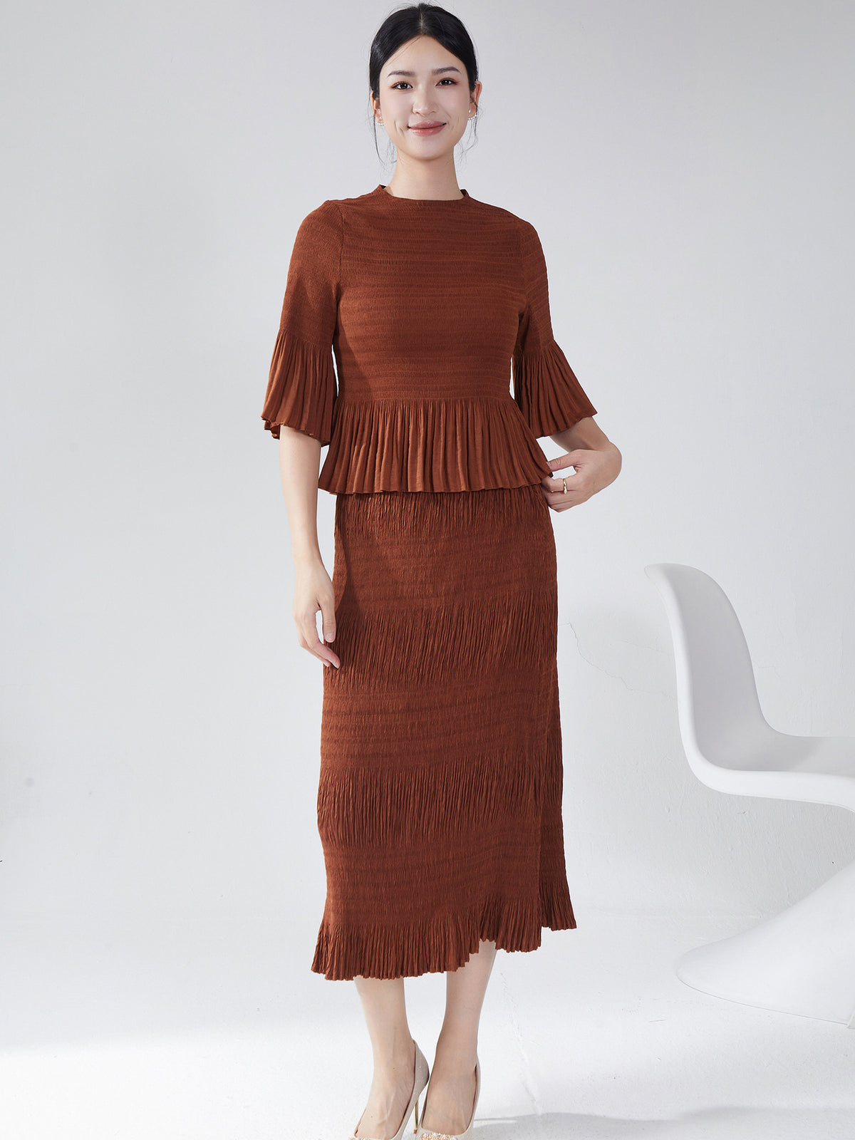 Miyake Women's Autumn New suit Two-piece Elegant Slim-fit Base T-shirt Top All-match Hip Skirt
