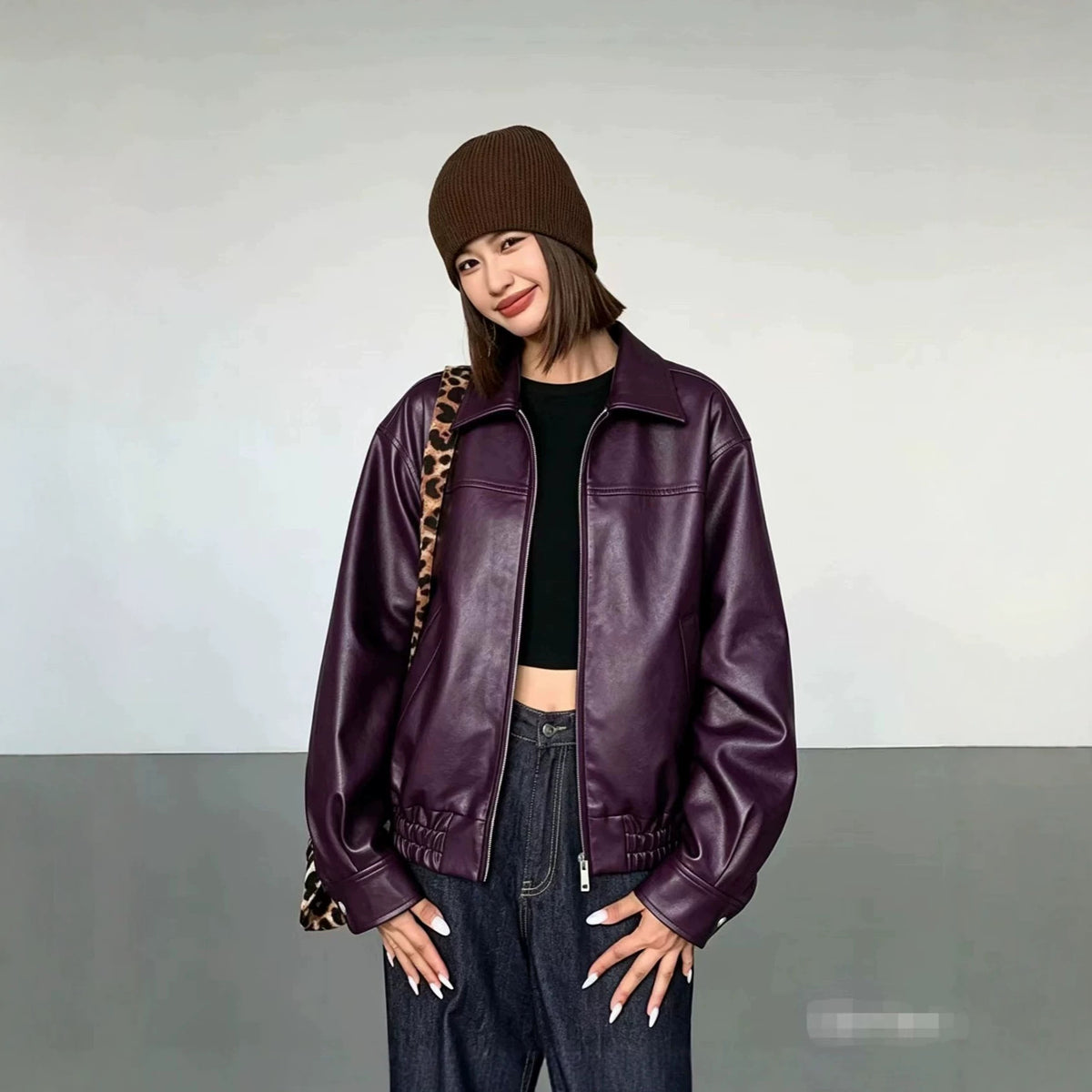 Foreign Trade Wholesale Autumn and Winter New Women's Clothing High-End Style Lapel Long-Sleeved Zipper Faux Leather Casual Jacket