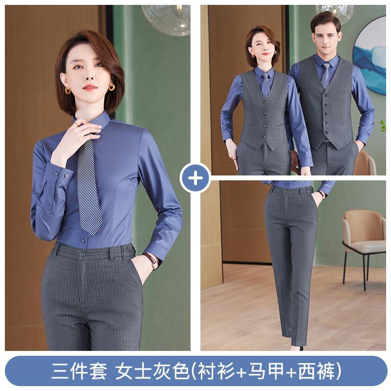 High-end gray striped suit suit men's and women's same style spring and autumn business attire temperament formal attire hotel manager work clothes