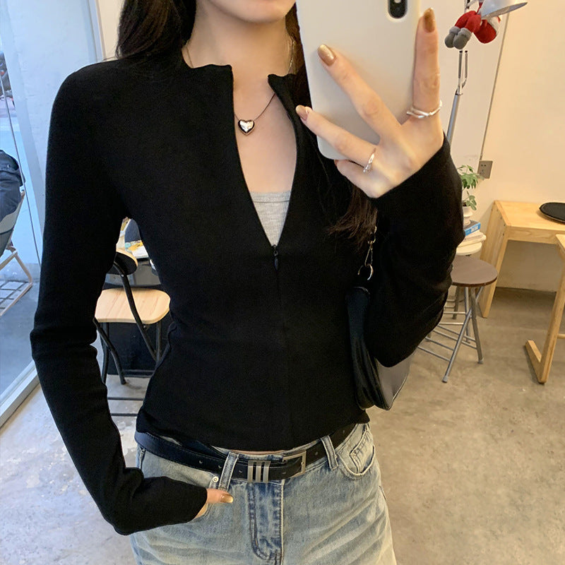 Foreign Trade Zip-Up Slim-Fit Inner Layering Shirt for Women, Spring 2026 Autumn/Winter Niche Style, Can Be Worn Outside, Long-Sleeve T-Shirt Top